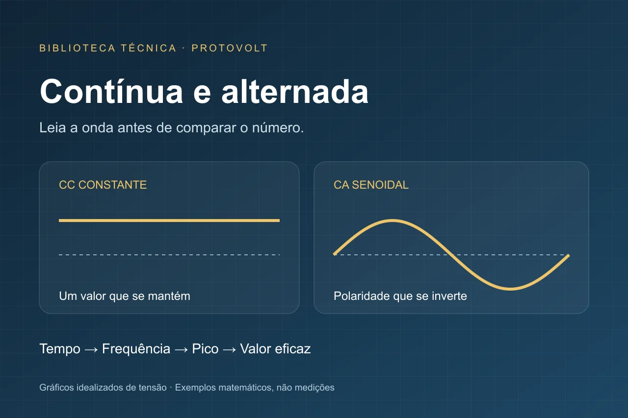 Ilustração conceitual de apoio ao tema: Corrente contínua e alternada: gráficos, frequência e valor eficaz; não representa obra ou instalação real