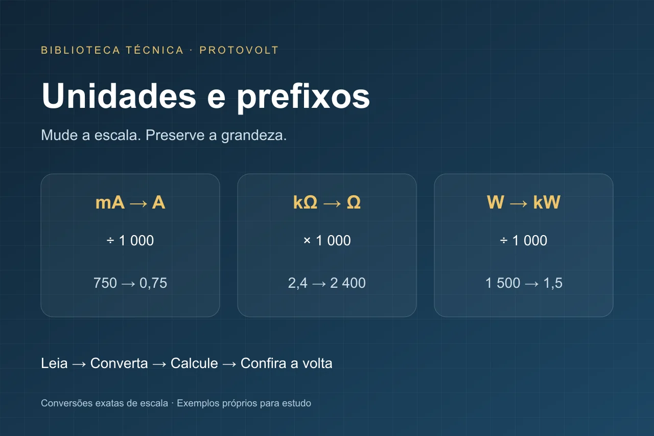 Ilustração conceitual de apoio ao tema: Unidades e prefixos elétricos: converta mA, A, kΩ e kW sem confusão; não representa obra ou instalação real